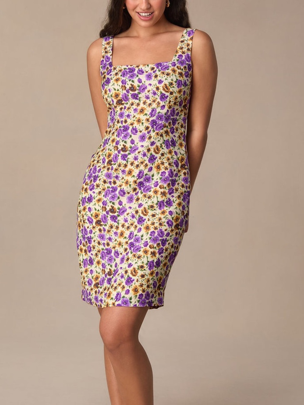 ROUJE Purple Yellow Floral Printed Sleeveless Linen Corset Back Romaric Dress